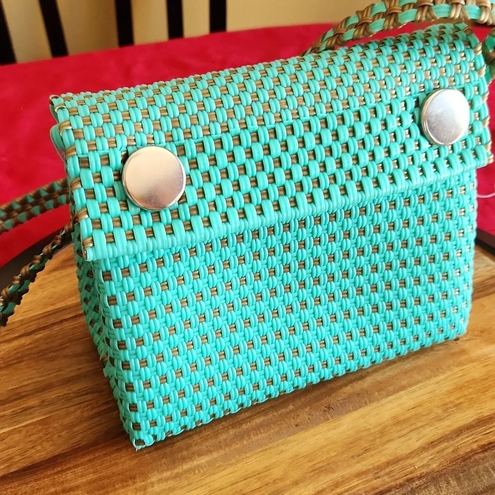 Turquoise Blue Woven Crossbody Bag Silver Snap Closure Purse Handbag - Picture 5 of 6